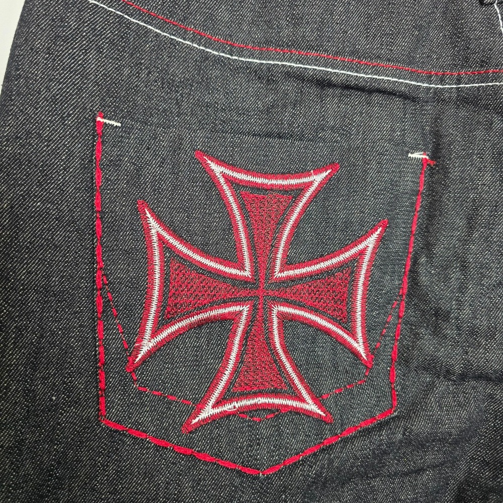 Vintage Y2K Jinzu Mens Baggy Hip Hop Punk Jeans Size 38x32 Black Rigid Red Cross - Picture 3 of 10